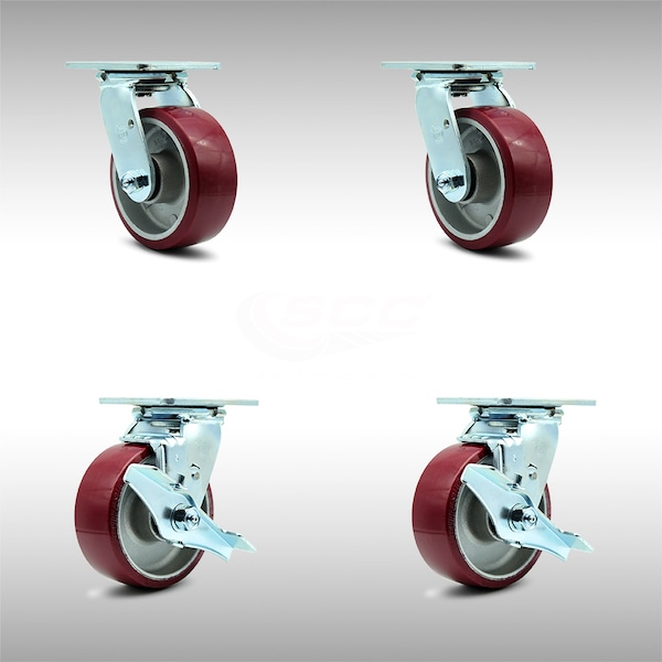 5 Inch SS Poly on Aluminum Swivel Caster Set with Ball Bearings 2 Brakes SCC